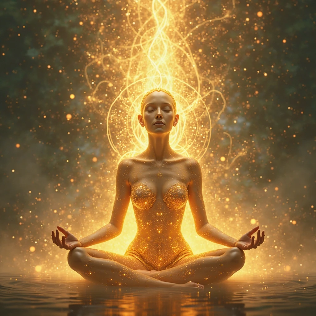 blonde woman meditating in lotus pose with bright yellow background, Goddess of Light, sun goddess, glowing golden aura, as the sun goddess, yellow aura, golden ethereal light, a stunning portrait of a goddess, ethereal angelic being of light, yellow radiant magic, golden aura, golden halo behind her head, elven angel meditating in space