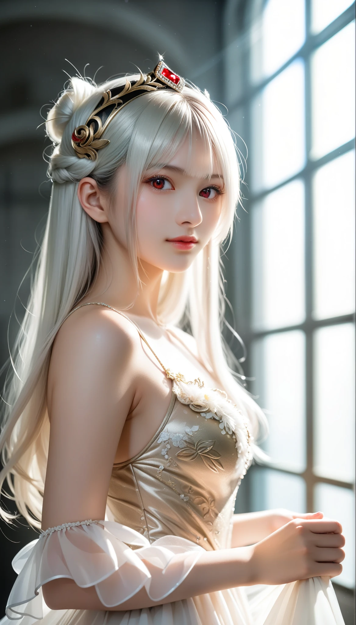 (CG 8k wallpaper is extremely fine, masterpiece, is best, super detailed), ( Better Lighting , Better shadows , Extremely exquisite and beautiful), float, High saturation, dynamic angle at work, ((1 Girl)), gorgeous, Ningguang(Orchid Evening Dress) White hair, red eyes, very long hair, headdress, bangs