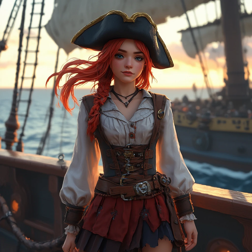eautiful realistic face, realistic beautiful skin, ultra high res, ultra realistic, highly detailed eyes, wide shot, a pretty 13 year old girl, red hair, little head, Baby fat, felt pirate hat, frilly linen shirt, breeches, holding sword, pointing sword towards camera, boots, wooden tallship