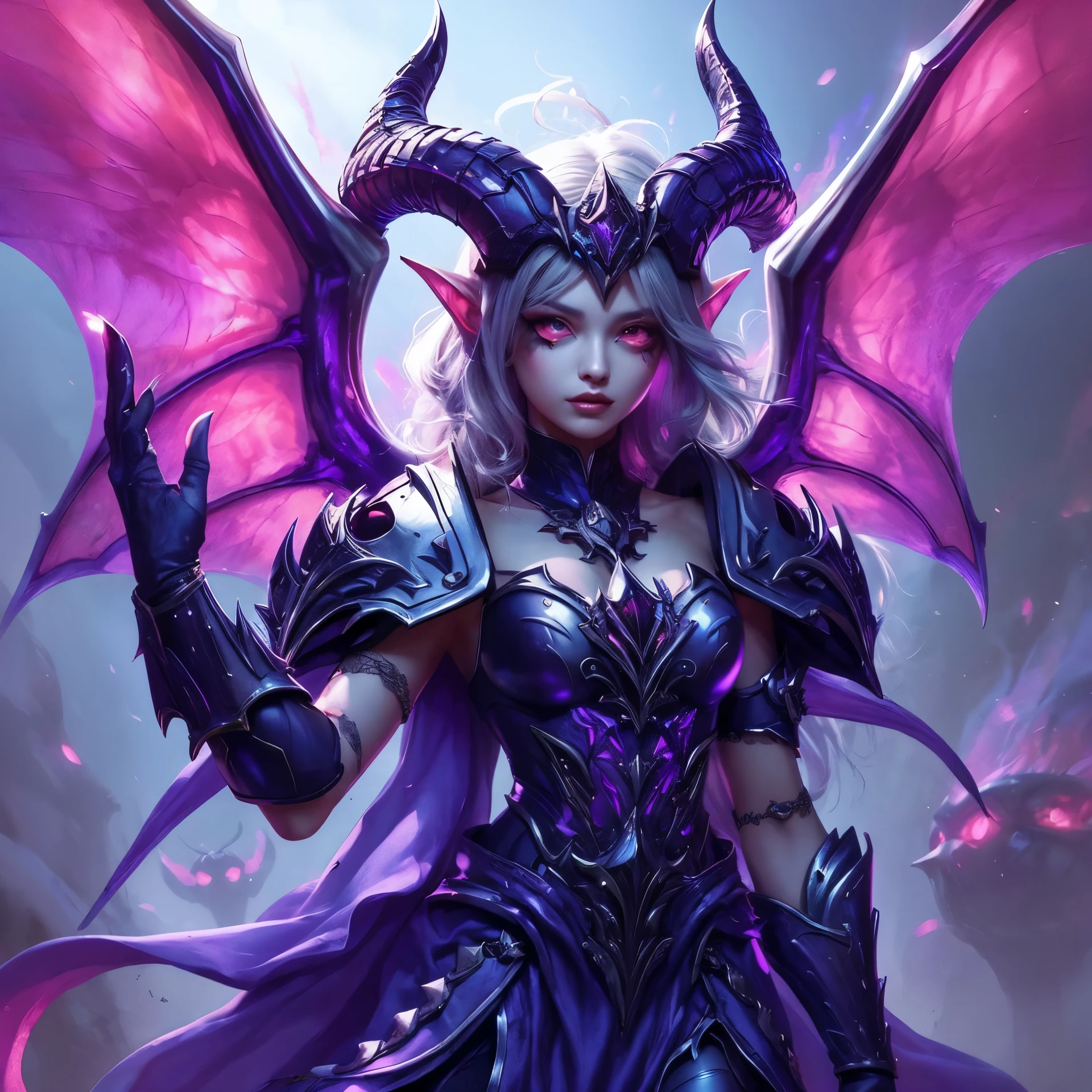 fractal diaphragm of a beautiful woman with small colorful braids with realistic pointy ends, smiling sweetly, wearing cyberpunk lilac black shoes posing behind the head of a black dragon, the dragon's eyes are bright red, the splash effect of small transparent sparkling dewdrops, a very soft aurora splash emits an aura mystical, bokeh effect. Frozen rain splash background, clear photo, very real photo, 100K, professional photography.