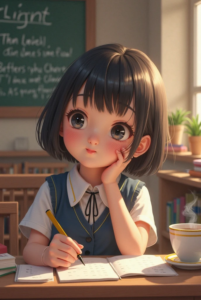 7 year girl going stting in school on chair and thinking