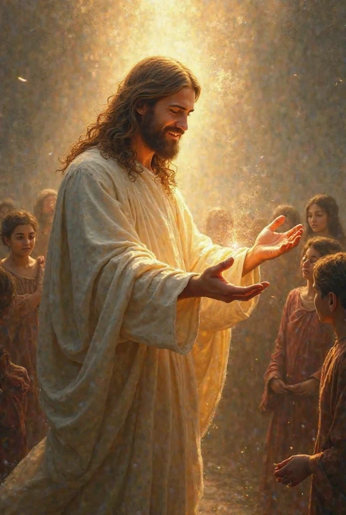 Young and handsome God, with a background of light, stars and children worshiping him and with a word at the top saying "God is not dead" in italics