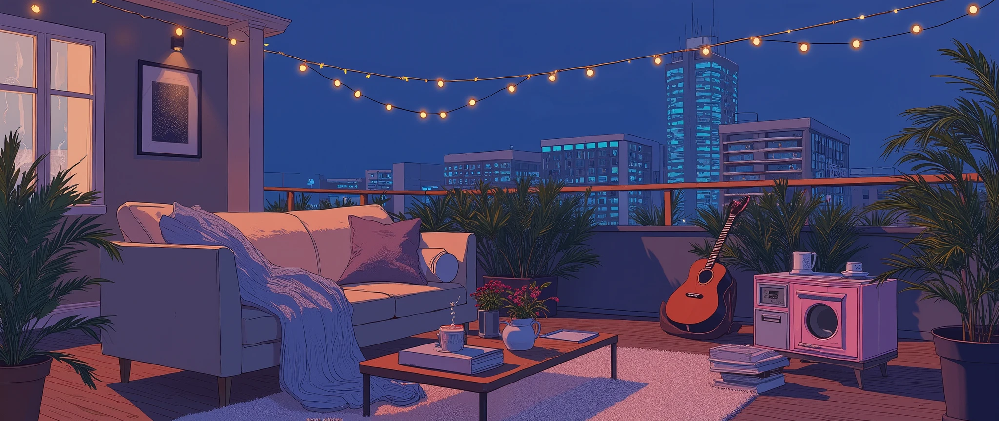Rooftop at night、nighttime scene、outside of house、with no people、Calm and meditative atmosphere、houseplant、Lo-fi atmosphere、String Light、Cozy sofa、Pink radio with retro design、Hot coffee on the coffee table、Warm blanket、 books、There is an acoustic guitar、