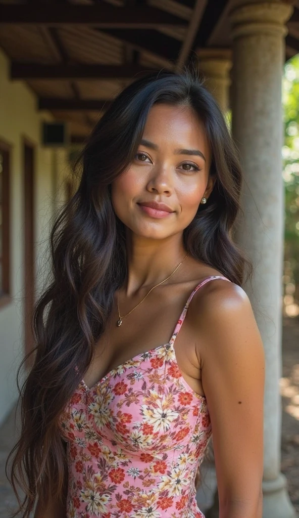 A Brazilian woman in a lush tropical garden, wearing an open shirt with a floral print, with a close-up capturing the harmonious beauty between her breasts and the natural flowers, showing off your natural charm and outgoing personality.