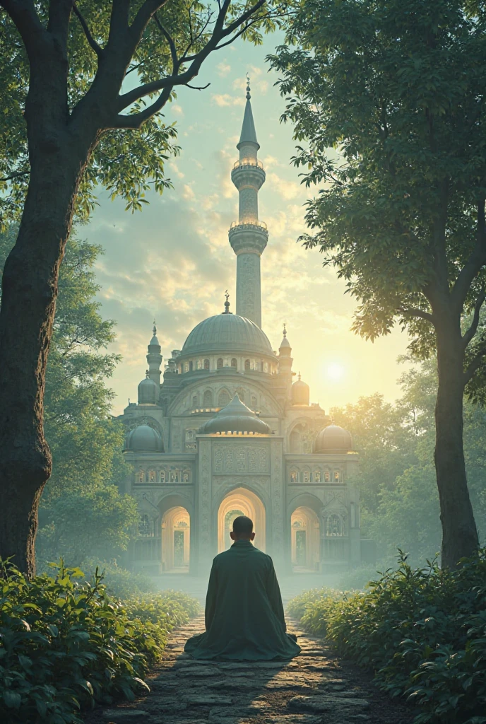 (Horror story title: Forbidden secret in the mosque dome)
Scene 1: Nurul Hidayah Mosque and Small Village
- Overview of a small, peaceful village with the old Nurul Hidayah Mosque in the background. The dome of the mosque is golden green, reflecting the majesty and glory of the mosque.