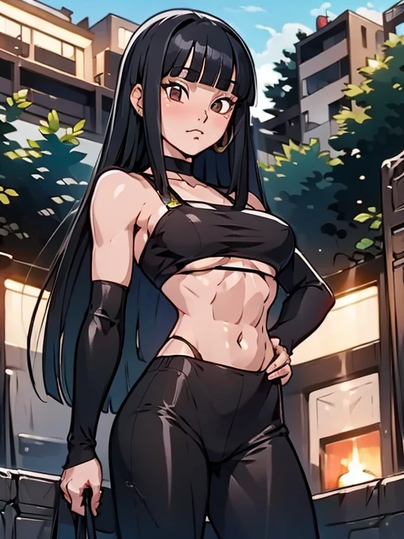 (1girl, solo, looking at viewer, cowboy shot), (sidewalk:1.4, tokyo \(city\)), rizdraws, thick lineart, haibara enako, muscular, muscular female, long hair, grey hair, messy hair, hair down, sharp teeth, red eyes, huge breasts, sleeveless, midriff peek, midriff, grey shirt, animal print, black pants, denim, smile, cartoon