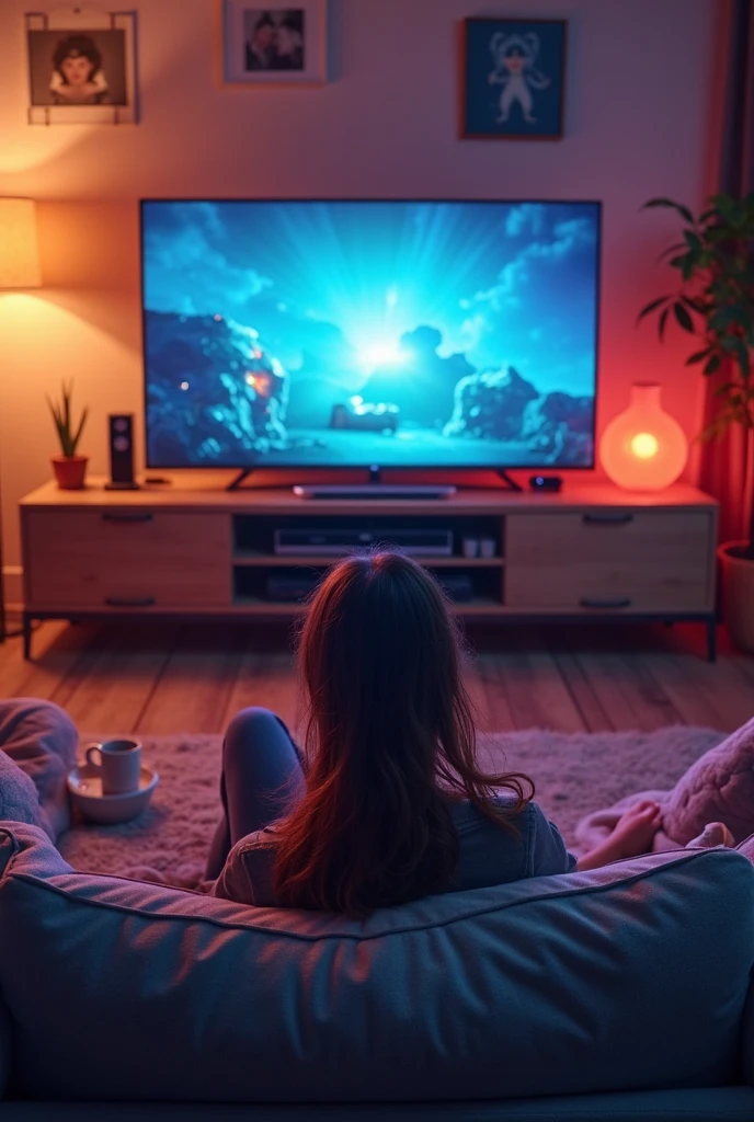 A girl plays video games while sitting on the bed in the room, Big TV,  room with books, Cyberpunk, inspired by Liam Wong, night, darkroom, Low-fidelity illustration style, Gamers Room, Studying in the room, Cyril tumble and m.Vacaruta, teenm.  