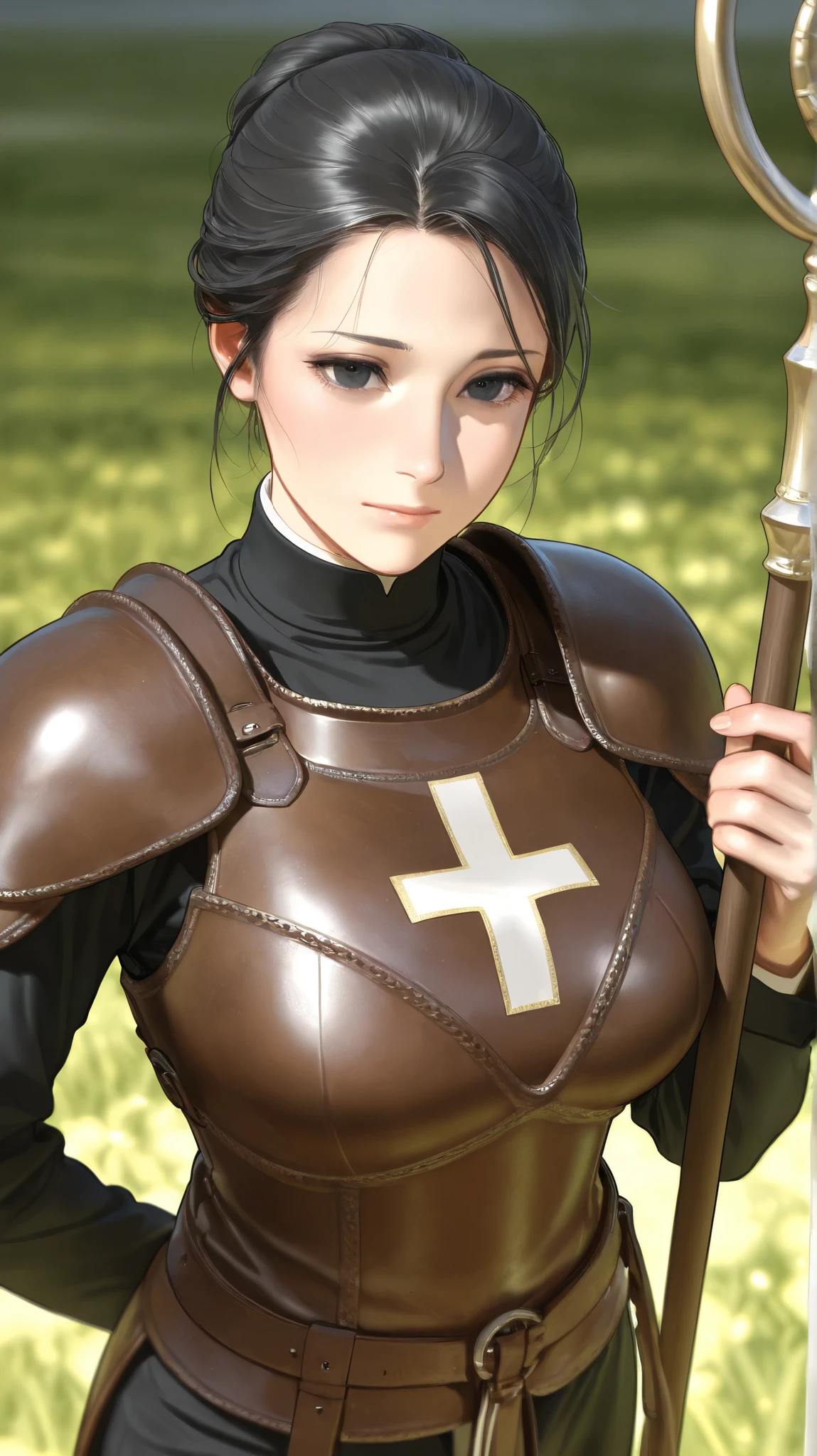 a beautiful mature female, bright skin, black eyes, black hair, tied-up hair, soft light, high detailed, best quality, medium breast leather armor, leather armor, close up, alone, on field, wearing priest, carrying a staff, healer role, detailed face, wearing pants, near point of view