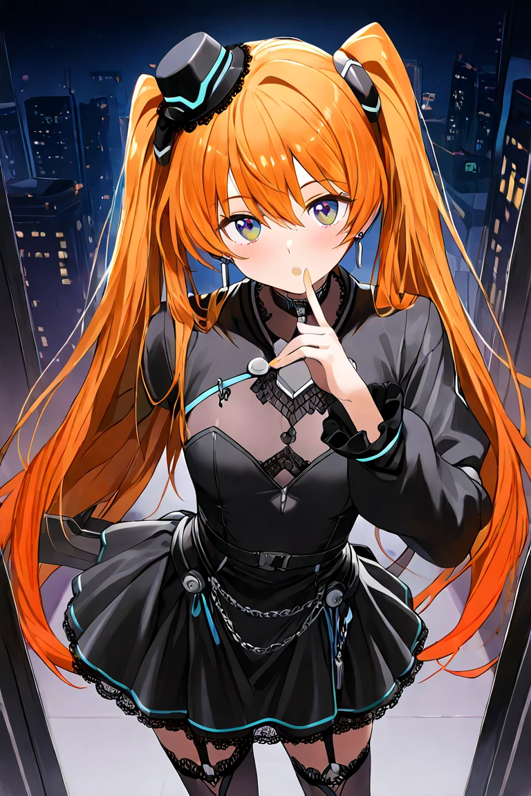 Draw a manga-style character with a physical appearance with this shape of Orange hair with black highlights, tied in two ponytails shaped like jaws, reference Mawile de Pokémon, ojos rosados, brillante, and expressive and with a slim and athletic build.., Atuendo Upper Body Chaqueta de cuero blanca con detalles cyberpunk, such as integrated LED lights or futuristic lines, Bikini deportivo Lower Body en naranja, blanco, y colores negros, fusing with the cyberpunk style and at the same time allowing freedom of movement for physical activities, Personality Creative and curious Always looking for new experiences and forms of expression.., Su mente creativa la impulsa a explorar constantemente nuevas ideas y conceptos, longitud largo del cabello, muchos tatuajes corporales