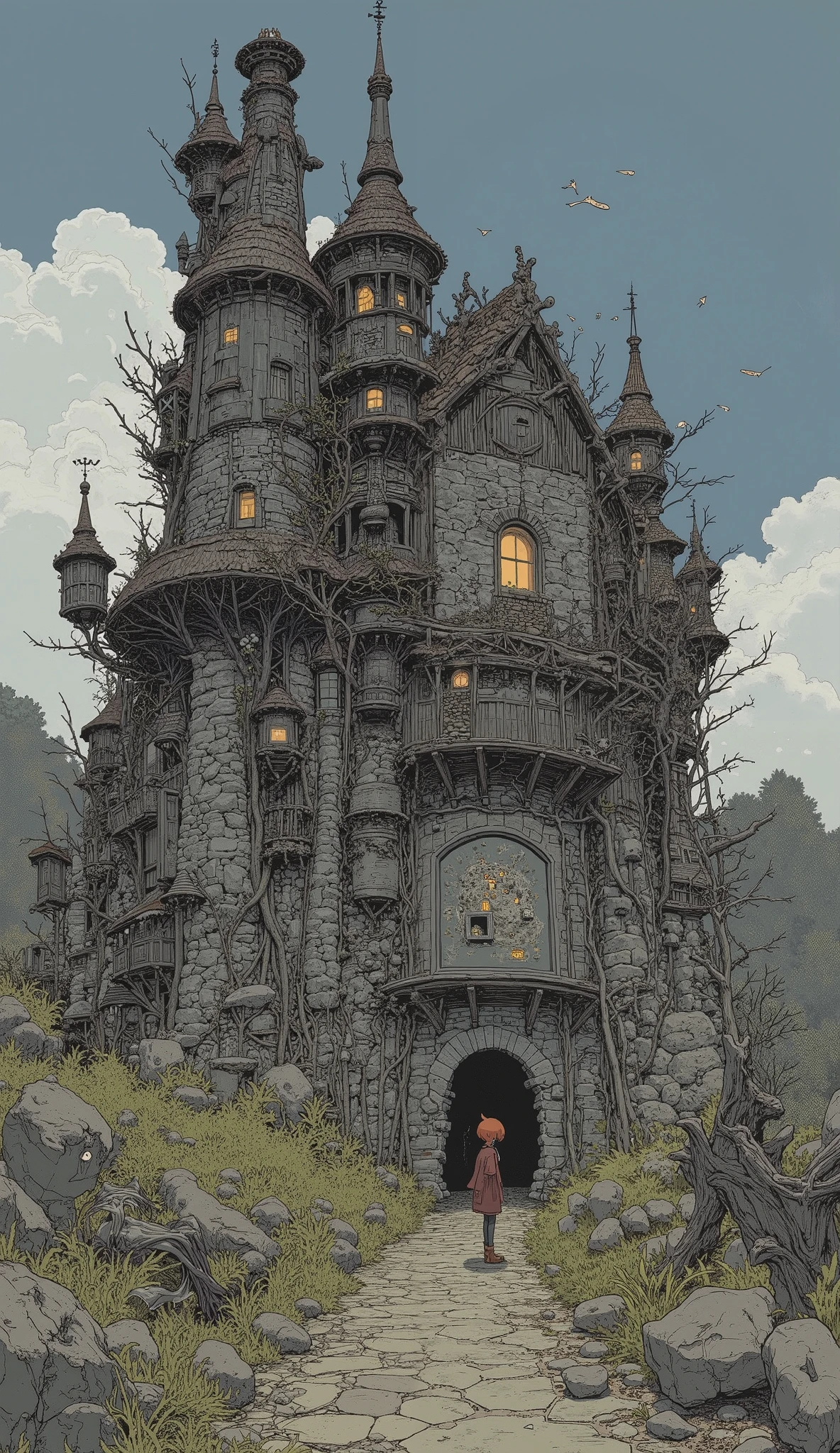 by illustrator Howley Castle, Ghibli Mebius , howls Moving Castle, Studio Ghibli . complicated, Moving Castle, in , greg rutkowski Studio Ghibli , by Miyazaki, Jojolion cover art style, howl's Moving Castle, by Miyazaki駿, howl’s Moving Castle, Studio Ghibli scheme