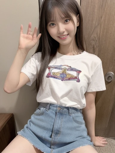 , woman, yellow printed T-shirt, white denim mini skirt, red panties:1.3, (showing off pantie:1.3), sit, legs spread:1.4, from front, from below, waving hand, focus on knees, ((masterpiece)), ((best quality)), (ultra-detailed), ((beautiful eyes)), Japanese female, (slender:1.3), ((30 years old)), beautiful, (flat :1.2), (cheerful grin:1.3),