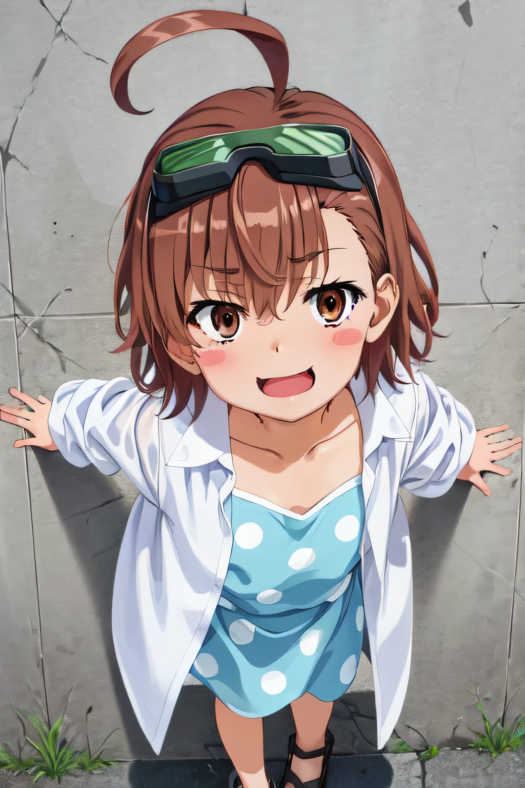 from above, 1girl, Last Order, smiley-smiley, full of smiles, twinkling eyes, playful grin, full of innocence, opened mouth, talking confidently, street, aalo, short hair, ahoge, goggles on head, blush stickers, collarbone, polka dot dress, blue dress, labcoat, white coat, long sleeves, (glory wall:1.2), (stuck:1.2), (through wall:1.2), (extremely dlietailed CG, masterpiece, highres icon,absurdres,4K)