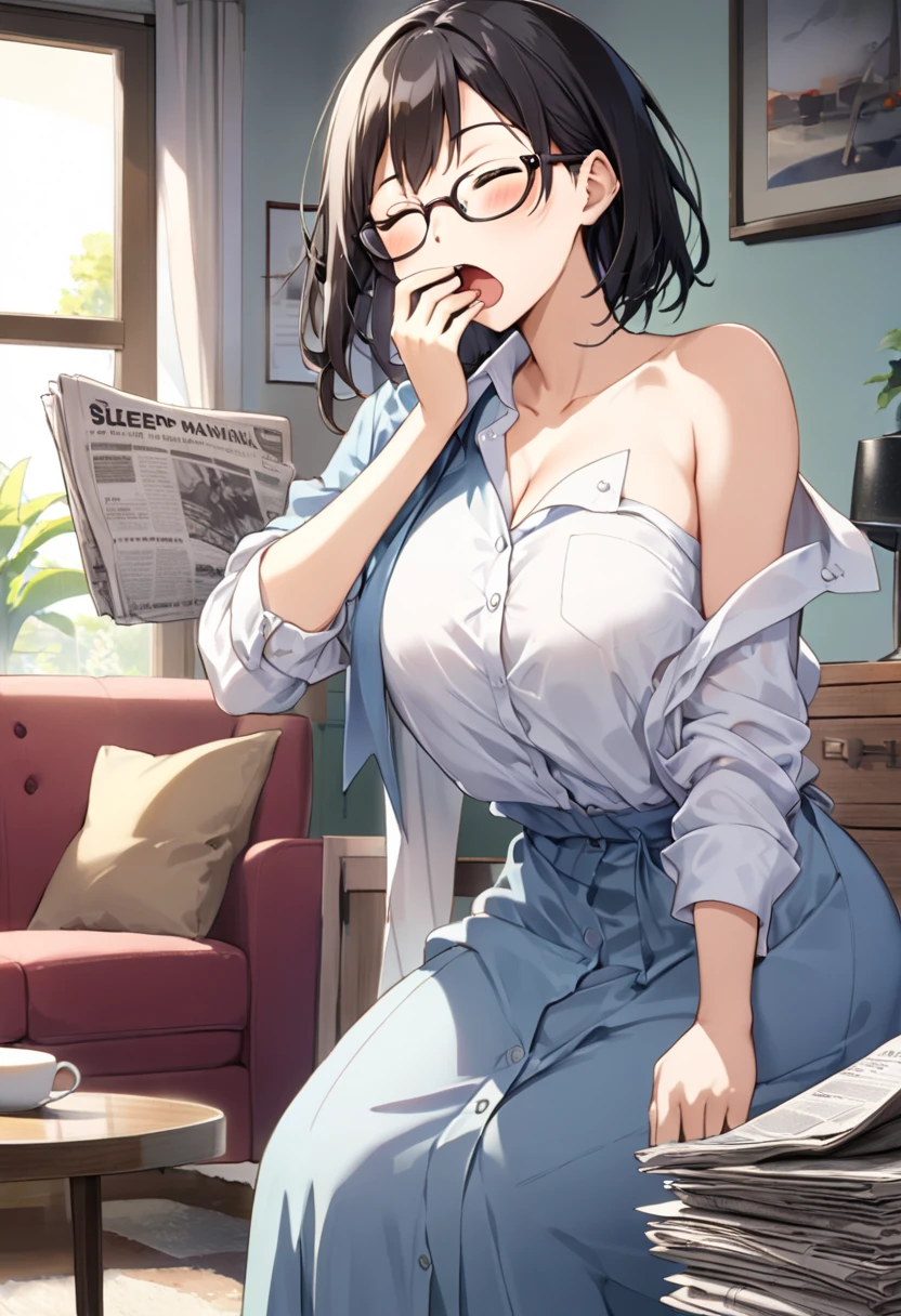 （（super high quality,Ultra-high resolution,16K,super masterpiece,Ultra HD ,Detailed shading））,Dimly lit bedroom,Full body photo,sexy mother,40 years old,Waist 85cm,Lying naked in bed,Unbuttoned dress shirt,popped Tight collar,Cleavage,Long sleeve,Short black hair,Glasses,Ahegao,View here,blush,A small amount of drooling,Sweaty,Hold your phone to your ear,Spread your legs,Penis inserted from below the screen,semen,Pearl Earrings,Pearl Necklace,Engagement Rings,