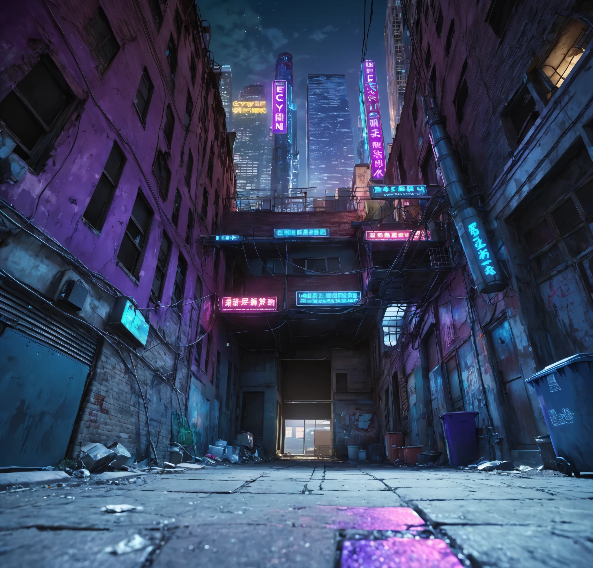 Looking up, the camera is close to the ground, cyber style, cyber night, alley with neon lights at night, low-lying ground, realistic ground texture, complete ground, abandoned low buildings on both sides of the picture, dilapidated low buildings, pipes and wires outside the buildings, trash cans near the wall, silhouettes of skyscrapers can be seen in the sky in the distance, neon signs are hung between the two buildings, the signs emit blue and purple lights, two steel frames connect the two buildings, UE5 rendering, 3D rendering, 3D model, cartoon style