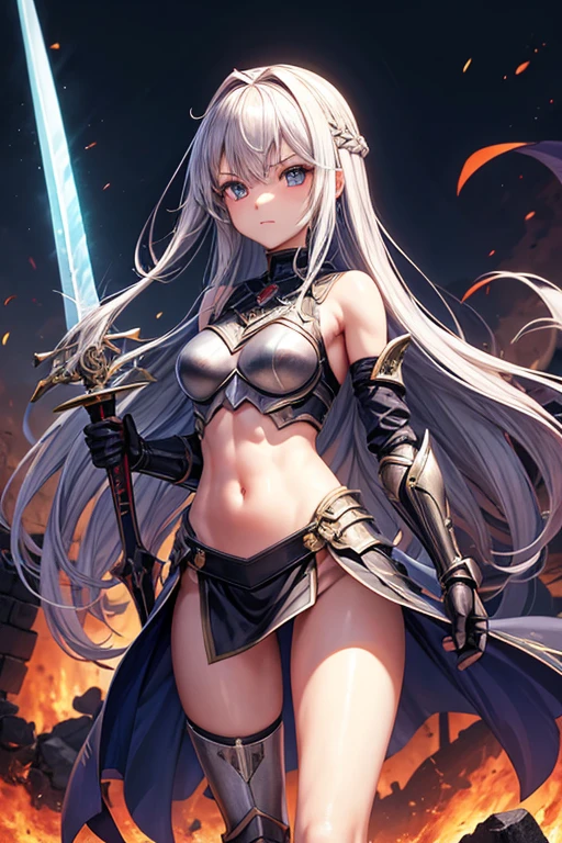 quadratic element、girl with、teen ager、s Armor、Sword in one hand、Long sword、Navel Ejection、thighs thighs thighs thighs、shinny skin、full body Esbian、Standing、Ruins in the background、Burning flame、Fight monsters、length hair、Cute faces in anime、Viewer-facing、soio、silber hair、cloaks