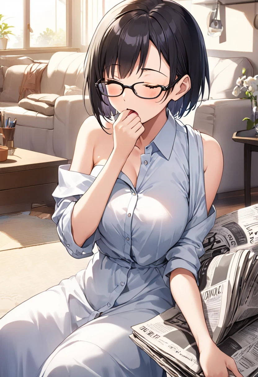 score_9, score_8_up, score_7_up, source_anime, best quality, masterpiece, official art, absurdres, highres, ultra-detailed,waifu2x,Collection: Slice of Life,break,1girl,  short hair, pajama, glasses, cleavage, large breasts, beautiful detailed eyes, sweat, open mouth, yawn,stretching, sleepily, indoors, bed, break,(clear line illustration:1.2), super detailed skin,very high resolution, very aesthetic, Best sexual lighting powered by famous artist, 8k,cute picture,beauty illustration,photoshop_(medium),,(Detailed Lighting),best anime 8k konachan wallpaper, pixiv contest winner, 