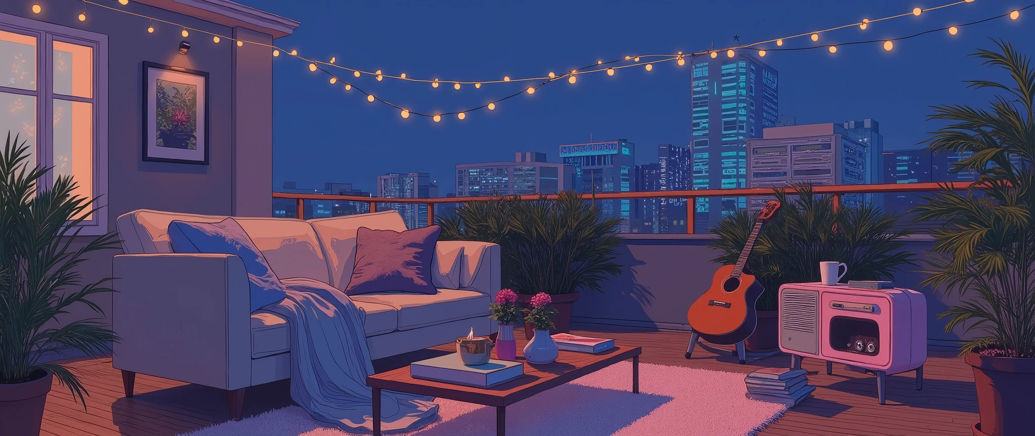 Rooftop at night、nighttime scene、outside of house、with no people、Calm and meditative atmosphere、houseplant、Lo-fi atmosphere、String Light、Cozy sofa、Pink radio with retro design、Hot coffee on the coffee table、Warm blanket、 books、There is an acoustic guitar、