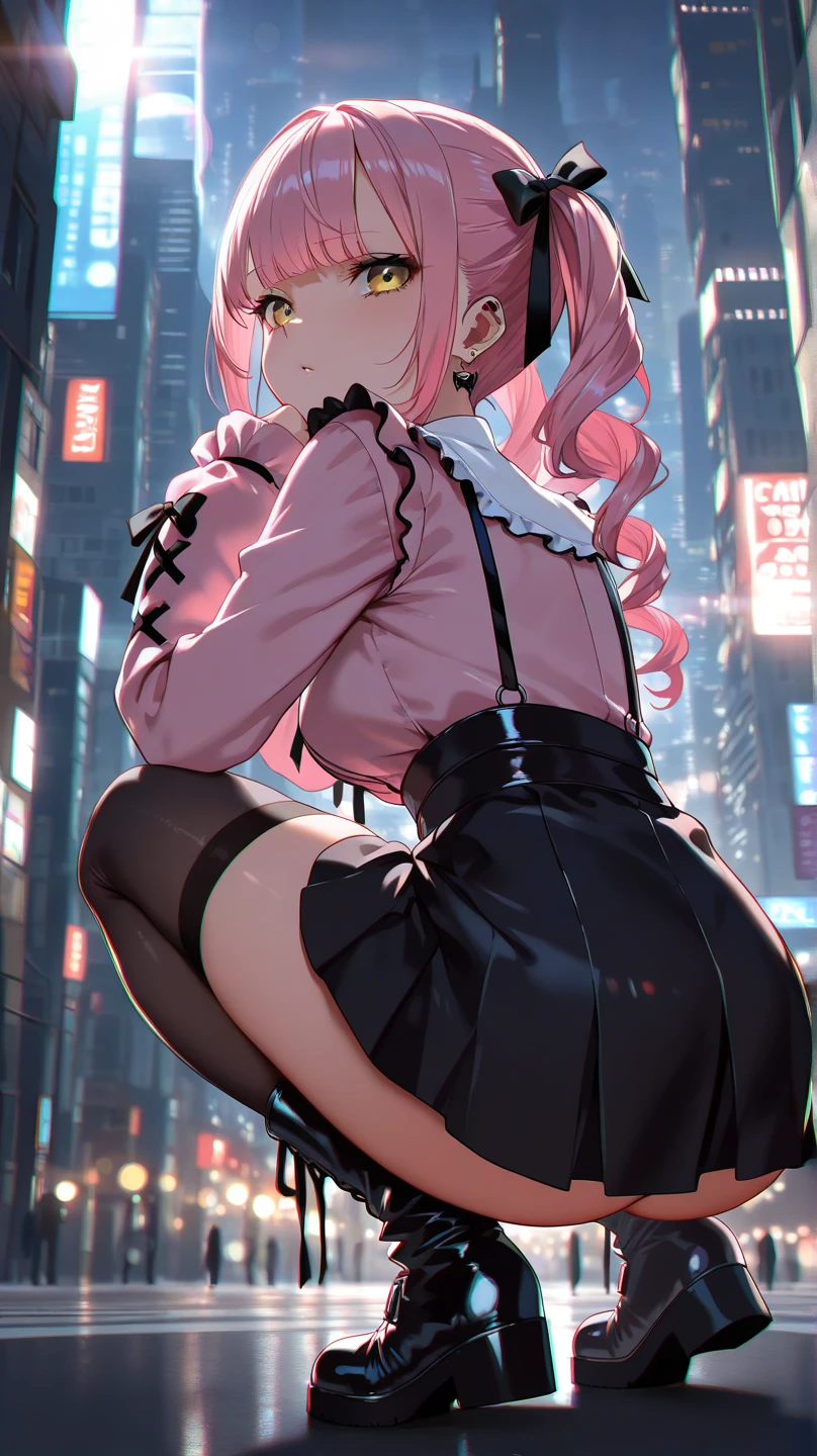 masterpiece, best quality, ultra-detailed, 1girl, pink hair, short hair, ((blunt bangs)), flipped hair, (jitome), blue eyes, Medium chest、slim、Cowboy Shot、looking around 、Street Corner、BREAK, (visual-kei, v-Kei:1.0), (black (oversized baggy:1.2) long sleeve t-shirt:1.2) with a (tattered elongated long sleeve), (tucked out:1.4),BREAK, (black knee-high:1.5), ( baggy boots), (black checkered mini skirt:1.5), (many silver accessories, necklaces:1.2), ((from behind:1.3)), from below, ((hip focus:1.3))
