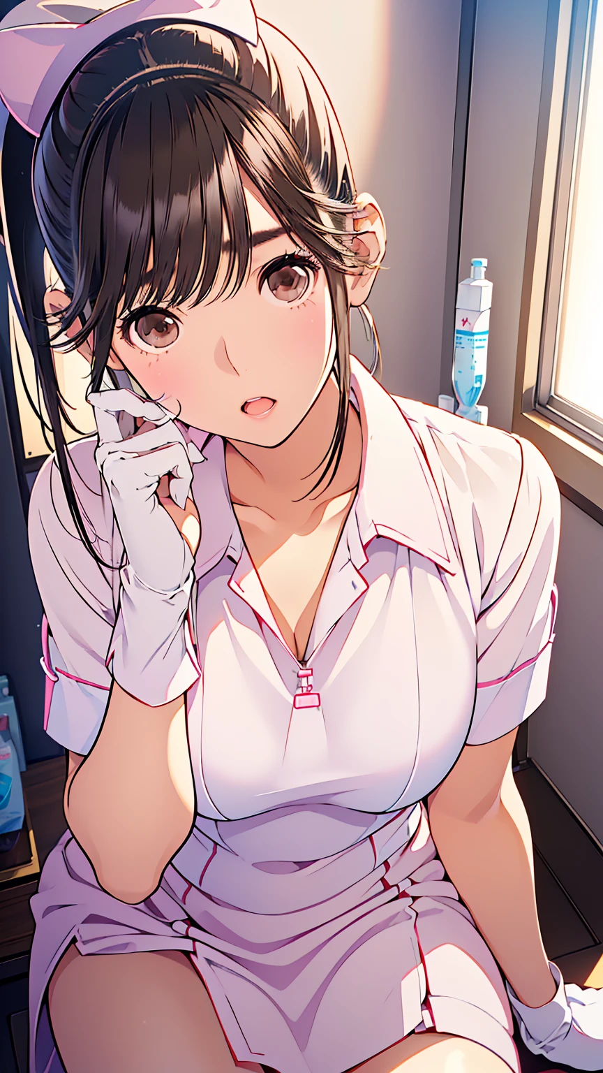 (masterpiece、RAW Photos),(highest quality), High resolution, (Very detailed:1.3), Slender body, (Very delicate and beautiful face), (Very detailed beautiful little eyes), A look of contempt、18-year-old、Japanese women、very cute、(nurse、nurse) break( white nurse uniform:1.3) break (In a hospital bed), (Small breasts), (Embarrassing:1.1)、 (View your viewers), (Anatomically correct:1.2), Kneel, (Put your hands on your face:1.1), (vapor:1.1), (Bukkake, Semen on the face and chest:1.4), finger on mouth, pink nail