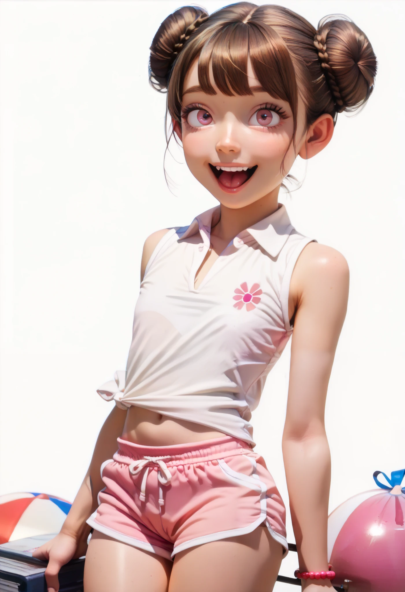 ((White background)) ((Russian girl)) (1girl) 28 years old, rathing_questionable (White sleeveless collared T-shirt:1.4), (pink beach shorts:1.3), Brown bangs curled a bun, pink eye , ((small breasts)) ((thin:1.4)) (Flat chest:1.4) , (walk:1.4) open mouth (happy)