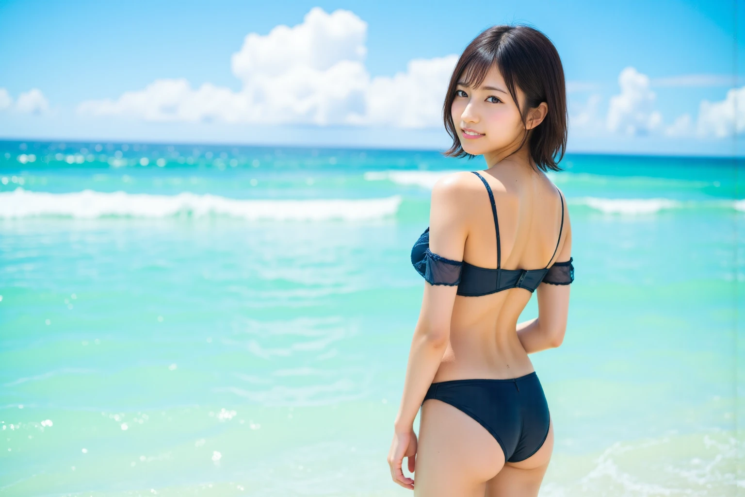 potrait of thai woman wearing black bikini, showing her back, sexy pose on nissan altima, background a beach. 