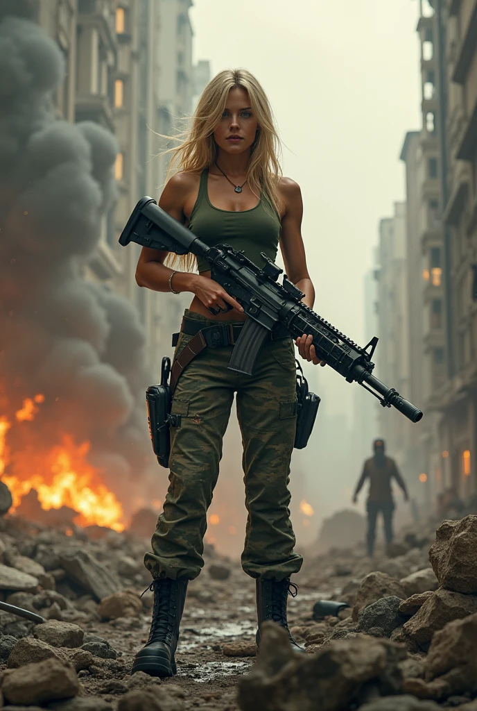Helen Skelton, Afghanistan, close-up action shot from ground level, naked Taliban fighter, breasts, frowning, sweating, damp blonde hair, bloodied and bruised, holding AK47, on a bloody battlefield, explosion, fires