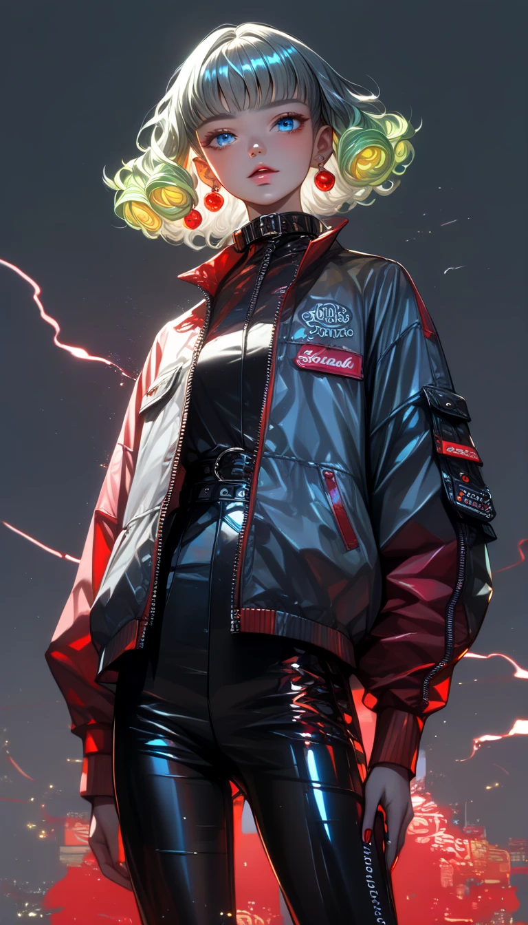 Create a digital artwork of a futuristic and stylish figure set against a vibrant red background. The figure should have a striking, spiky white and silver hairstyle, and be wearing sleek black sunglasses and a dark high-collar outfit. The overall design should be edgy, modern, and abstract, with a focus on bold colors and dynamic shadows."