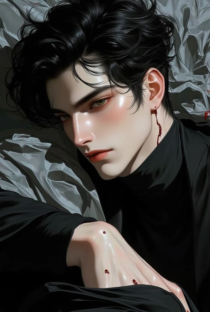 impasto, cool manga style, high quality, extremely detailed, extremely delicate line, amazing color, masterpiece, 1 man, tall, mascular, handsome, black hair, sharp eyes, lower-sanpaku eyes, slightly parted lips, handsome, fashionable clothes, lying on the street, holding his arm over his head, slightly bleeding, night shadow, focus on his face, overhead shot, perfect background, pixiv art