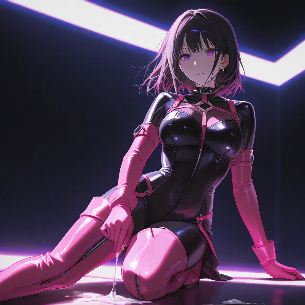 5 8K UHD、beauty in a black shiny black full-body rider suit wearing glasses squatting with her crotch wide open、Wearing a shiny black latex slider suit with hidden skin、Shiny black latex slider suit、Small-nosed beauty looking down expressionless, beautiful sexy pose