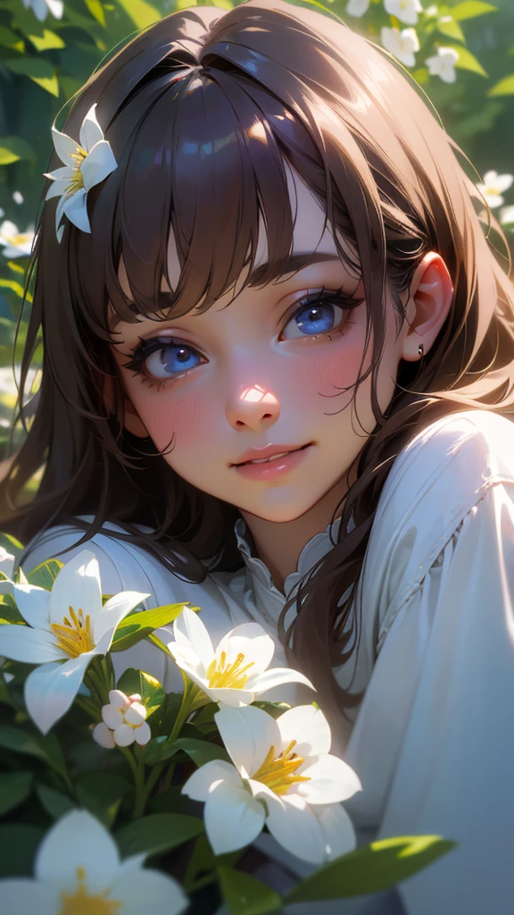 (masterpiece), best quality, expressive eyes, perfect face, portrait of a cute model wearing a pretty pink dress, pretty eyes, catchlight effects, puffy rosy cheeks, shy smile, full lips, light lipstick, seductive look, head down, staring at the viewer. garden, flowers, niji style, anime, cartoon, Pixar, spring, Sunny Highlight, global illumination, complex resources, highly detailed, digital illustration, vray tracing, HDR, 8k