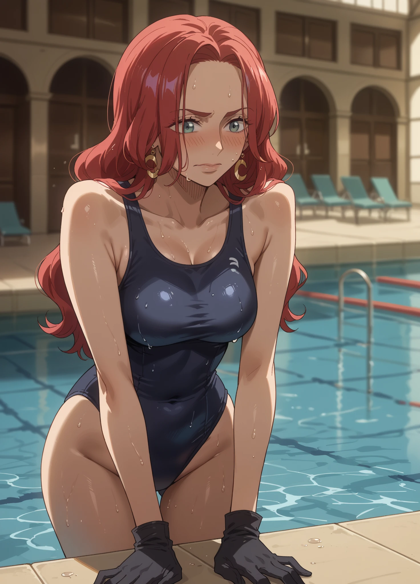 (Best quality:1.3), makima , red long hair, hair between eyes, braided ponytail, large round breasts, cleavage, one-piece swimsuit, (soaking wet:1.3), smiling, swimming pool, (pov)