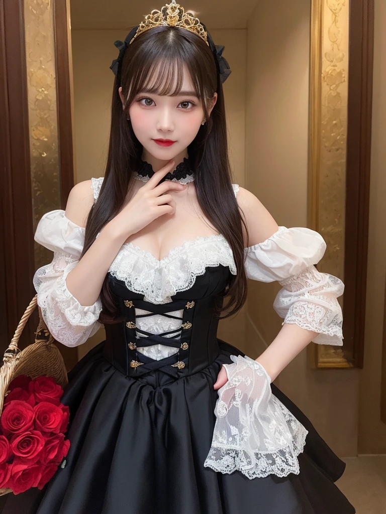 Korean, Realistic, artwork, final detail, photo Realistic, intricate detail, octane rendering, 8K, 1 girl, full body, perfect face, pretty face, , reference, hair detail, black bow, black gloves, black legs, blue eyes, blue hair, bow, collarbone, dress, sticking hair, ruffles, ruffles, gloves, headdress, high resolution, long hair, parted lips, puffed sleeves, purple eyes, smile, alone, white dress, oily skin,