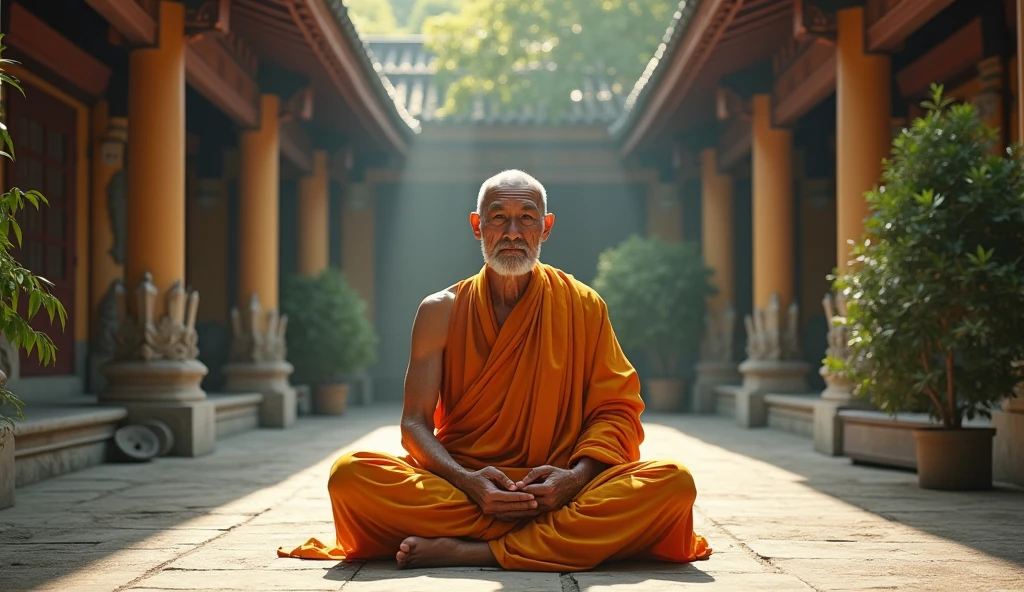buddhist monk meditating, looking directly at the camera, not at the center, clear facial features, bright colors, particles of light, with bright light, Mushhiv, wallpaper art, UHD wallpapers, vivid atmosphere, near a house ancient village
