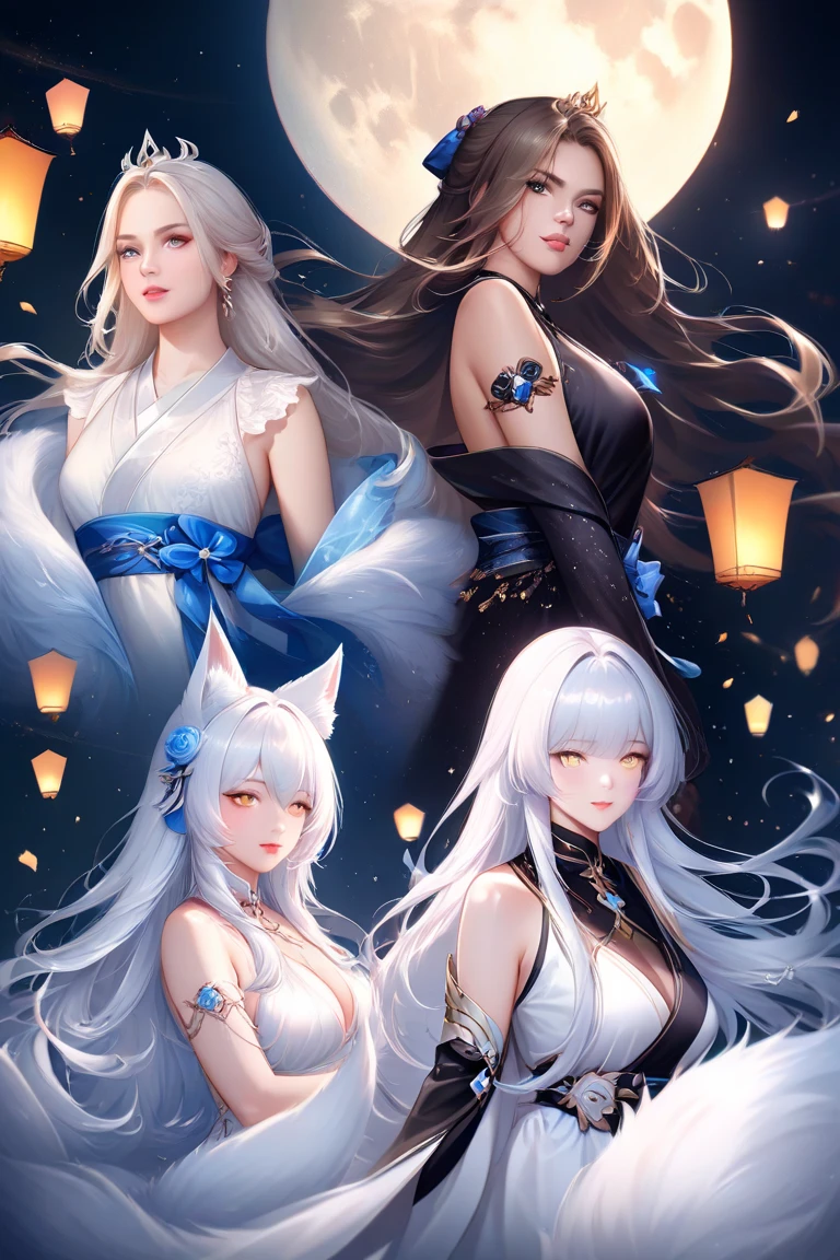 masterpiece, best quality, 8k quality, moon goddess with nine fox tails, beatiful, sexy, white hair, attractive bust, thick thighs, dark skin, moon tiara, eyes that shine like the moon, detailed quality, detailed background, monuments in background, glowing moon in background,