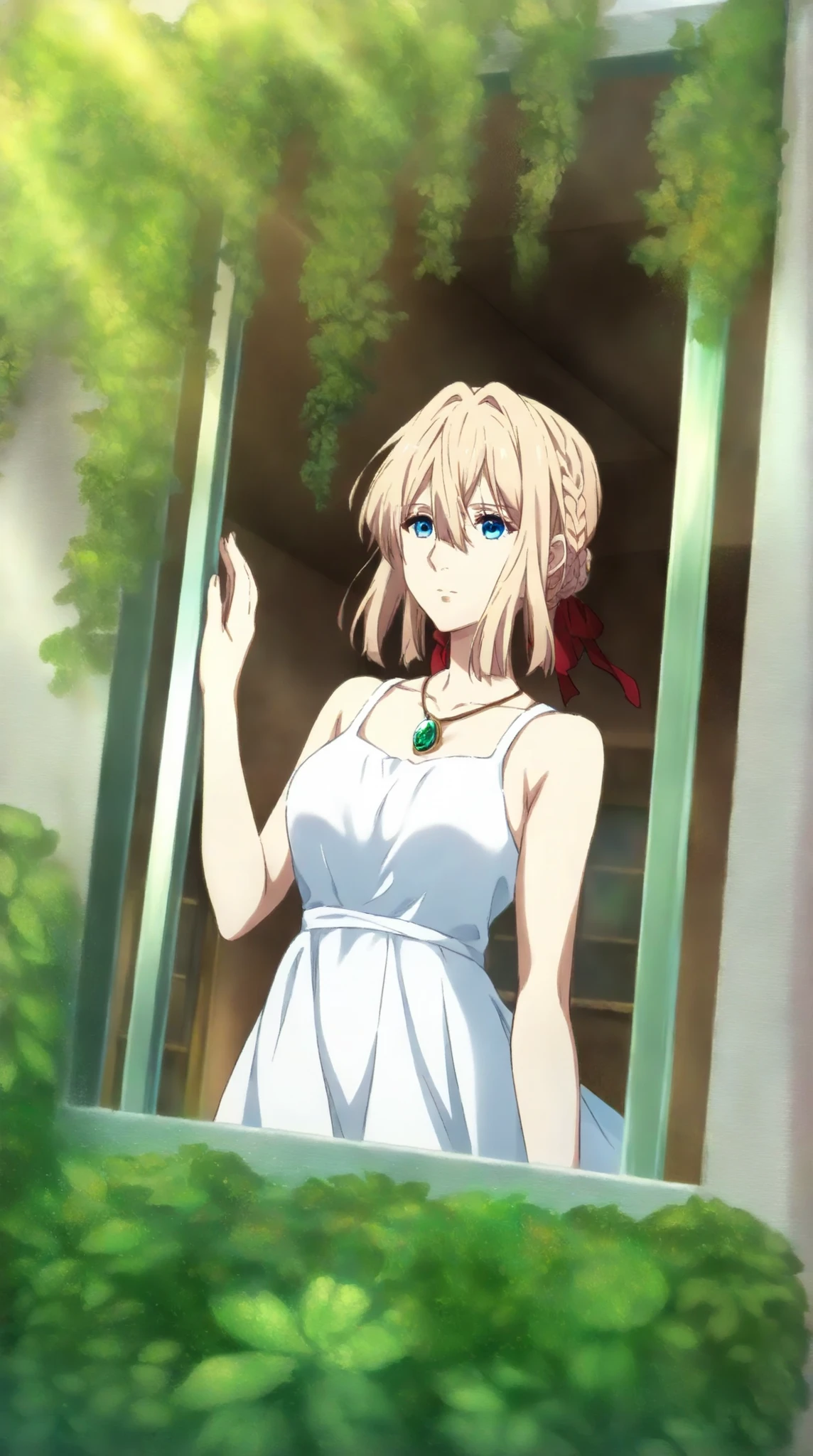 1girl, violet evergarden, violet evergarden series, blonde hair, red ribbon, french braid, blue eyes, beautiful eyes, emerald necklace, white sundress, sunlight, looking outside, medium shot, green garden in background, amazing background, vibrant color, (masterpiece, best quality), newest, highres, absurdres