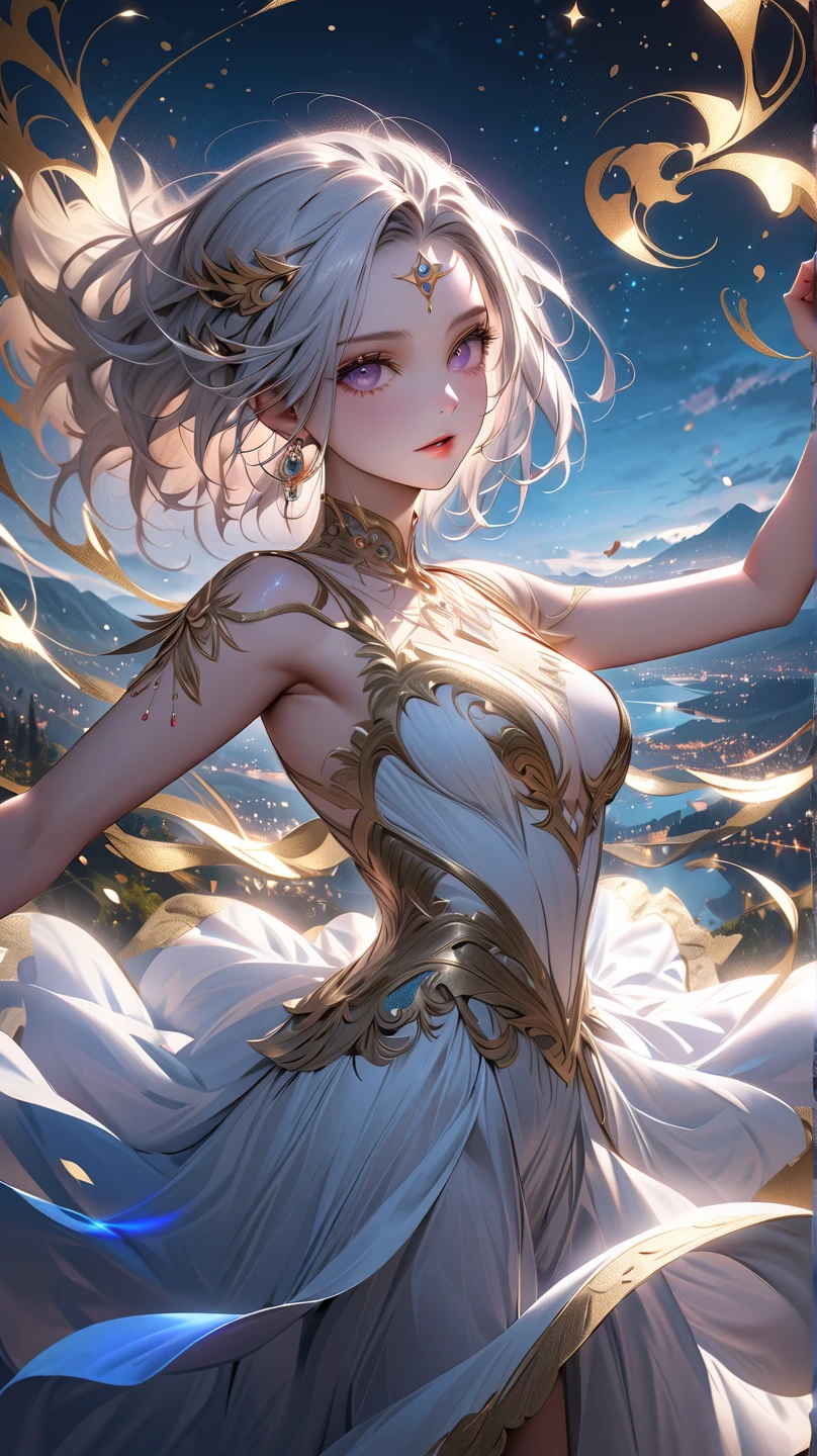 1 girl, 13 years old, white hair, amber eyes, beautiful detailed eyes, beautiful detailed lips, extremely detailed face, long eyelashes, wearing an absolutely stunning white astronomy dress, floating in space, celestial stars, galaxy background, volumetric lighting, cinematic composition, dramatic lighting, glowing, ethereal, highly detailed, 8k, photorealistic, professional digital art