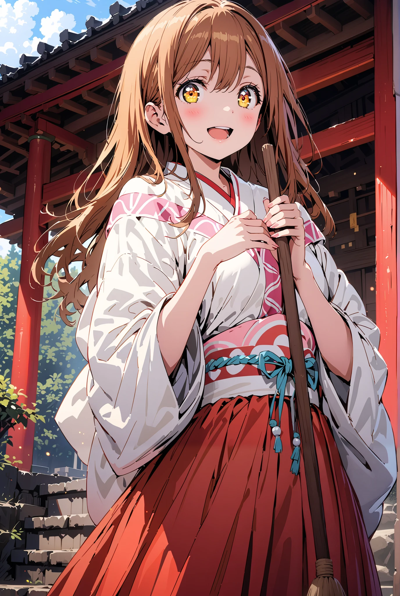 Hanamaru Kunikida, long hair, bangs, brown hair, yellow eyes all the way to the tip,smile,blush,opens her mouth, shrine maiden costume, white kimono , white socks,Sandals,Red Hakama,holding the broom grip with both hands,I'm cleaning the stairs with a broom,noon,full bodyがillustrationsに入るように, break outdoors, shrine,
break looking at viewer,full body,
break (masterpiece:1.2), Highest quality, High Resolution, Unity 8K Wallpaper , (illustrations:0.8), (beautiful detailed eyes:1.6), Highly detailed faces, perfect lighting , extremely detailed CG, (perfect hand, perfect anatomy),