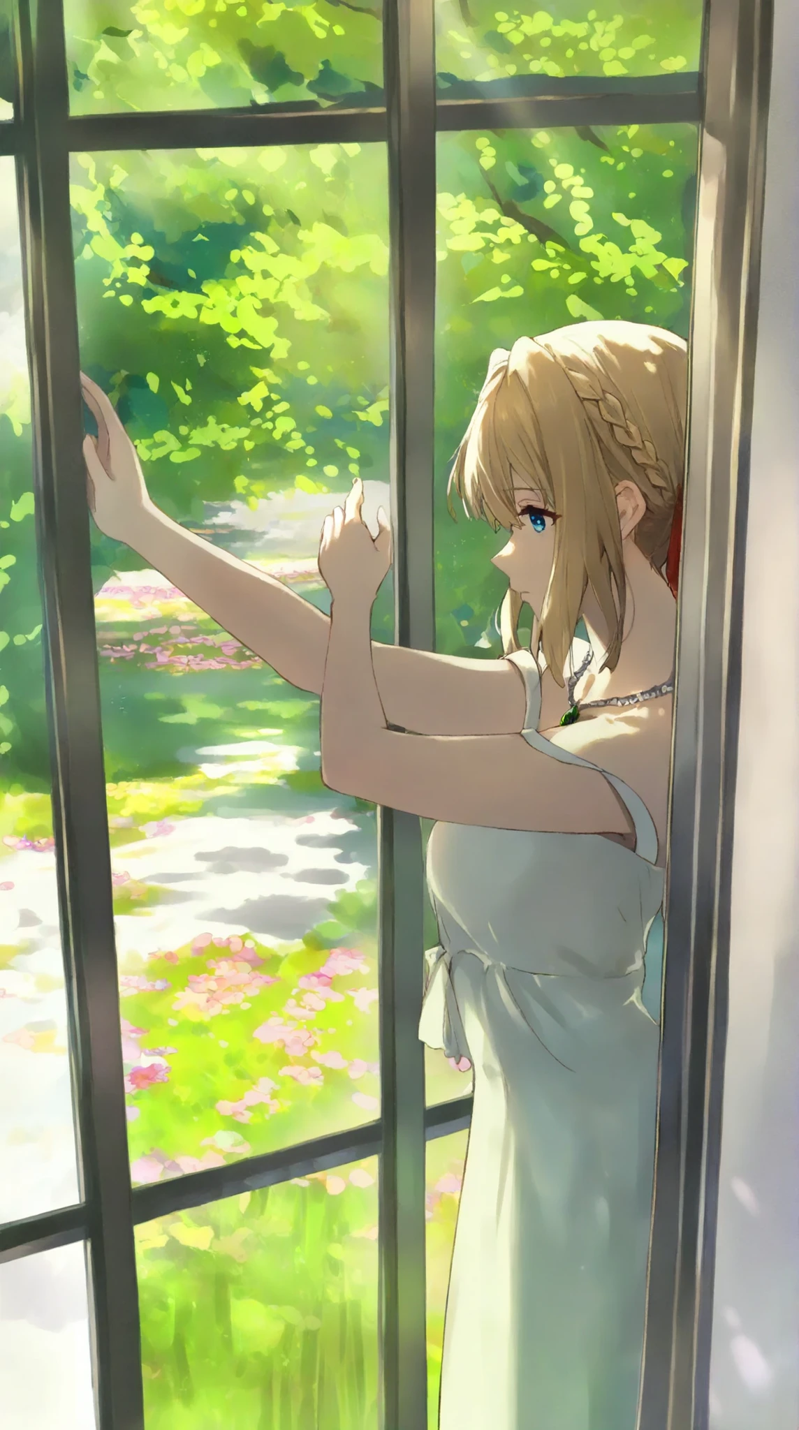 1girl, violet evergarden, violet evergarden series, blonde hair, red ribbon, french braid, blue eyes, beautiful eyes, emerald necklace, white sundress, sunlight, looking outside, medium shot, green garden in background, amazing background, vibrant color, (masterpiece, best quality), newest, highres, absurdres