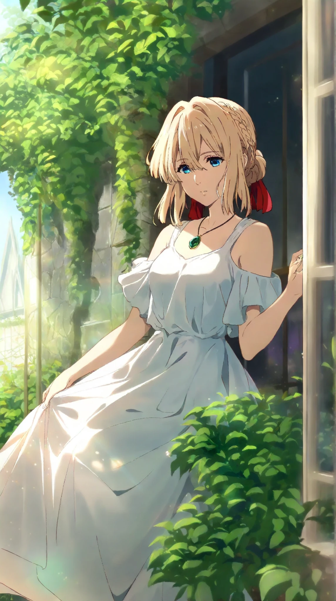 1girl, violet evergarden, violet evergarden series, blonde hair, red ribbon, french braid, blue eyes, beautiful eyes, emerald necklace, white sundress, sunlight, looking outside, medium shot, green garden in background, amazing background, vibrant color, (masterpiece, best quality), newest, highres, absurdres