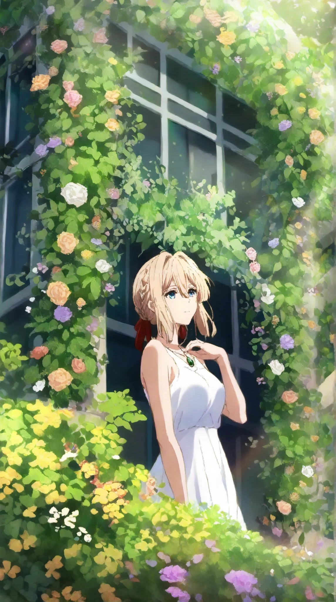 1girl, violet evergarden, violet evergarden series, blonde hair, red ribbon, french braid, blue eyes, beautiful eyes, emerald necklace, white sundress, sunlight, looking outside, medium shot, green garden in background, amazing background, vibrant color, (masterpiece, best quality), newest, highres, absurdres