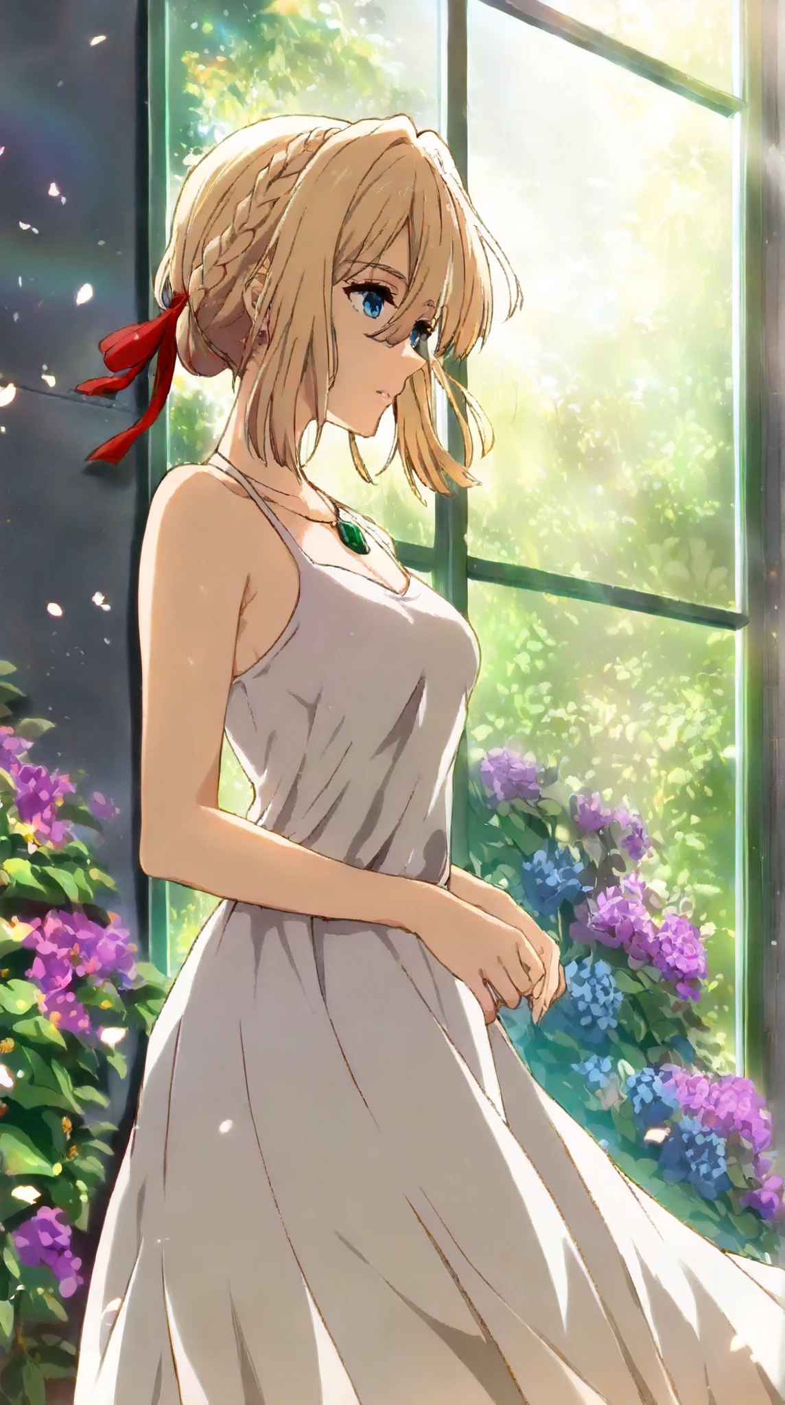1girl, violet evergarden, violet evergarden series, blonde hair, red ribbon, french braid, blue eyes, beautiful eyes, emerald necklace, white sundress, sunlight, looking outside, medium shot, green garden in background, amazing background, vibrant color, (masterpiece, best quality), newest, highres, absurdres