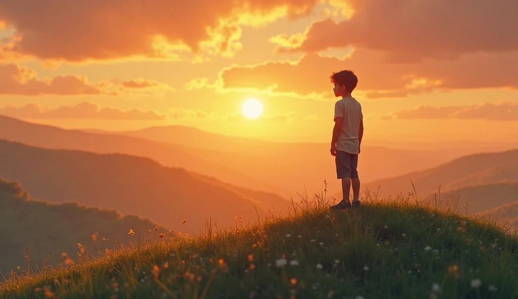 A teenager searching for success and high ambitious . Standing in a hilly area watching towards the uplifting sun .
