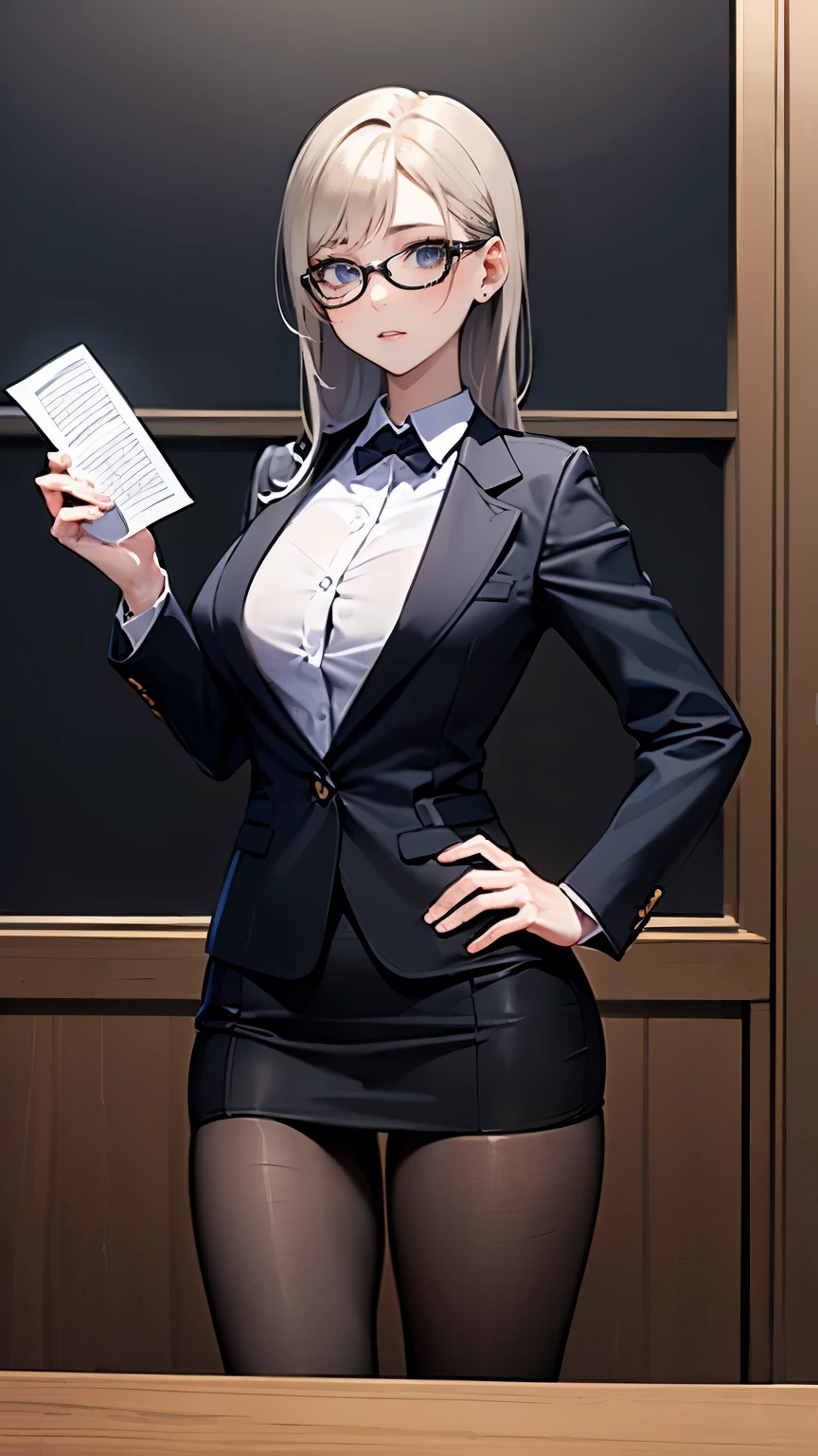 Masterpiece, high-resolution, exquisitely detailed, executive attire, woman, solo, curvy figure, hourglass shape, small waist, wide hips, cup size 38, golden blonde hair cascading down in soft waves to her waist, immaculately styled and shimmering under the light, creating an aura of confidence and elegance. (Optionally: accessorized with pearl earrings and a silk scarf, holding a briefcase with a laptop and documents.)