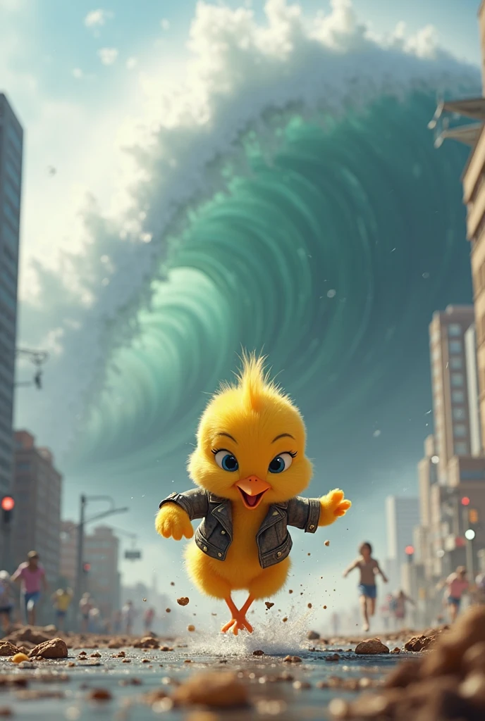 Create an image of a little yellow chick with stylish clothes running from a huge tsunami destroying everything in the city, Tearing down the entire city with several people running. Blurred city attracts, focus of the image on the little chick running in despair. Disney-style 3D image