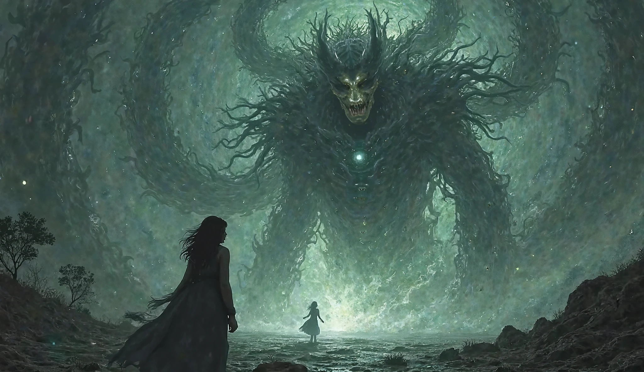 Girl being possessed in a symbiosis by a divine entity from Lovecraftian cosmic horror