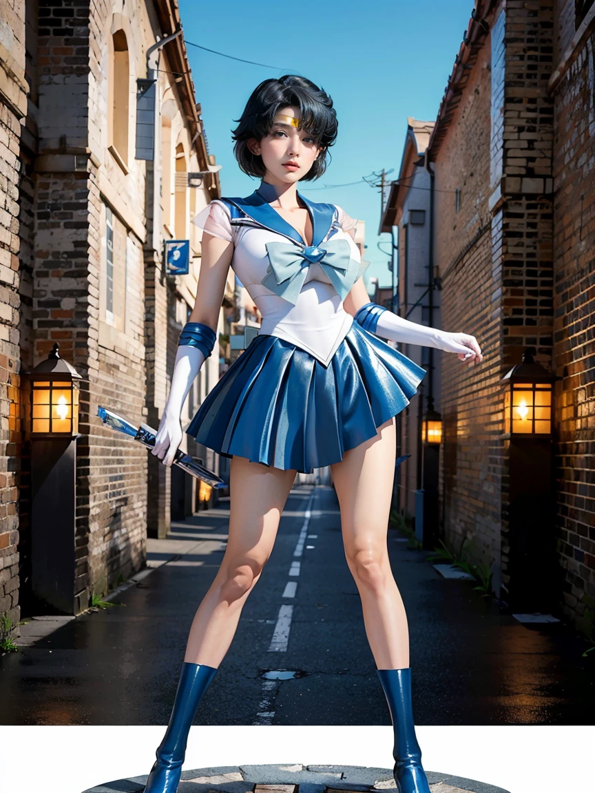 masterpiece, Highest quality, High resolution, Venus 1, One girl, alone, Sailor Warrior Uniform, Sailor Mercury, Mizuno Ami, Blue Hair, Magical girl, blue eyes, Blue Skirt, Elbow hand pockets, tiara, Pleated skirt, Hair Ribbon, Blue Sailor Collar, mini skirt, choker, blue choker, White gloves, Short Hair,  jewelry,  Earrings, Cowboy Shot,More detailed 8K.Unreal Engine:1.4,超High resolution,La Highest quality:1.4, Realistic:1.4, Skin Texture:1.4, masterpiece:1.8,first work, Highest quality,Object Object], (Detailed facial features:1.3),(Fine hand:1.4),(Apocalyptic destroyed cityscape:1.4)