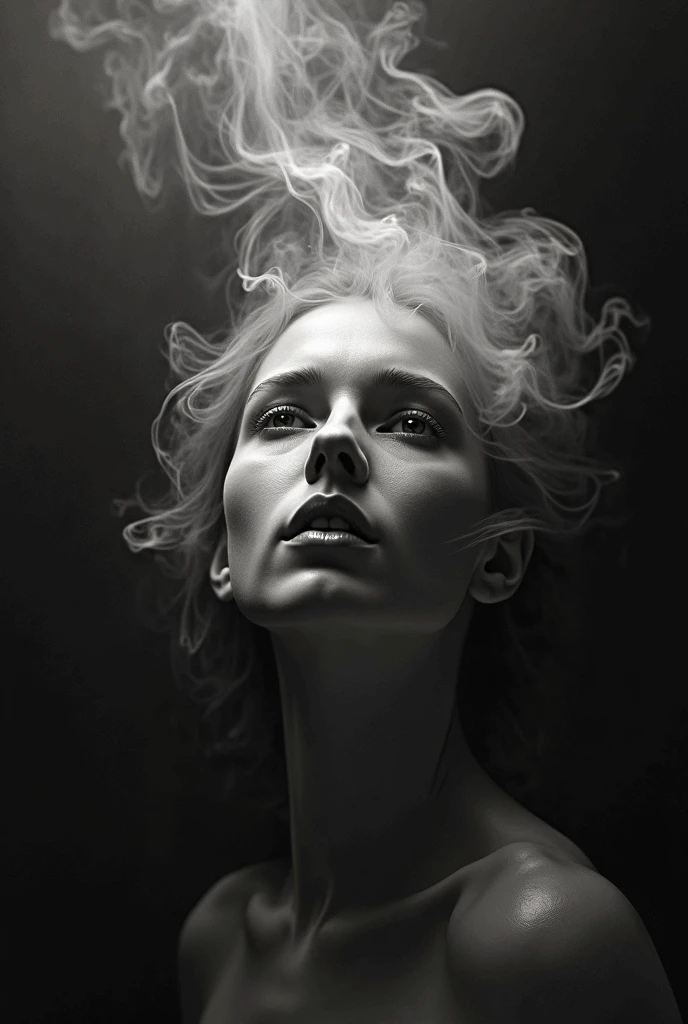 A hyper-realistic monochrome photograph taken with a Sony A7 camera, depicting a humanoid face emerging from swirling smoke, as if rising from the depths. The lower half of the face is still obscured by mist, while the upper features—eyes, nose, and forehead—gradually materialize, creating a haunting yet mesmerizing effect. The smoke seamlessly blends into the surroundings, reflecting delicate light and shadow, emphasizing the contrast between the ephemeral and the solid world. The texture of the smoke is incredibly detailed, appearing almost sentient as it shifts and swirls naturally. High-contrast lighting enhances the dramatic atmosphere, crafting an eerie yet captivating scene that evokes mystery and curiosity. The background is minimal and dark, ensuring full focus on the ethereal figure, with carefully controlled lighting to highlight the delicate interplay of highlights and shadows.
