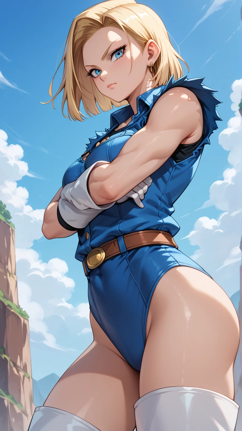 (best quality, masterpiece, RAW photo,ultra-detailed:1.2), 1girl,solo, cammy white, twin braids, long hair, blonde hair, antenna hair, garrison cap, blue headwear, blue eyes, scar on cheek, large breasts, yellow necktie, (blue leotard:1.1), long sleeves, fingerless gloves, bodypaint, looking at viewer, smile
