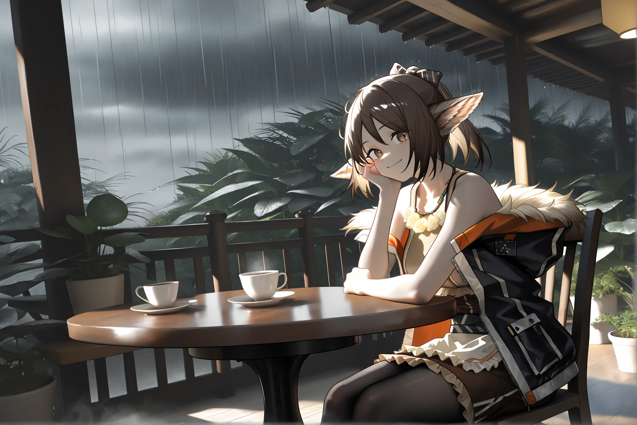 1femal,alone,,,((whole body))。open jacket, waist apron, perfumer, bare arms, bare shoulder, waist apron perfumer sp, pencil skirt, black pantyhose,, brown dress,((perfumer)),((perfumer_\(arknights\))), perfumer_\(arknights\)。,, morning cafe ,storm,Houseplants,heavy rain, cafe table,Outdoor terrace, sitting on a chair, coffee, Smile,,,,,,,,,,,Photorealistic Background。(incredibly absurdres:1.5),best quality, amazing quality, very aesthetic, graphite (medium), , linear hatching, great quality,( Flat Color ), very aesthetic, hatching (texture),colored pencil (medium),dynamic angle。