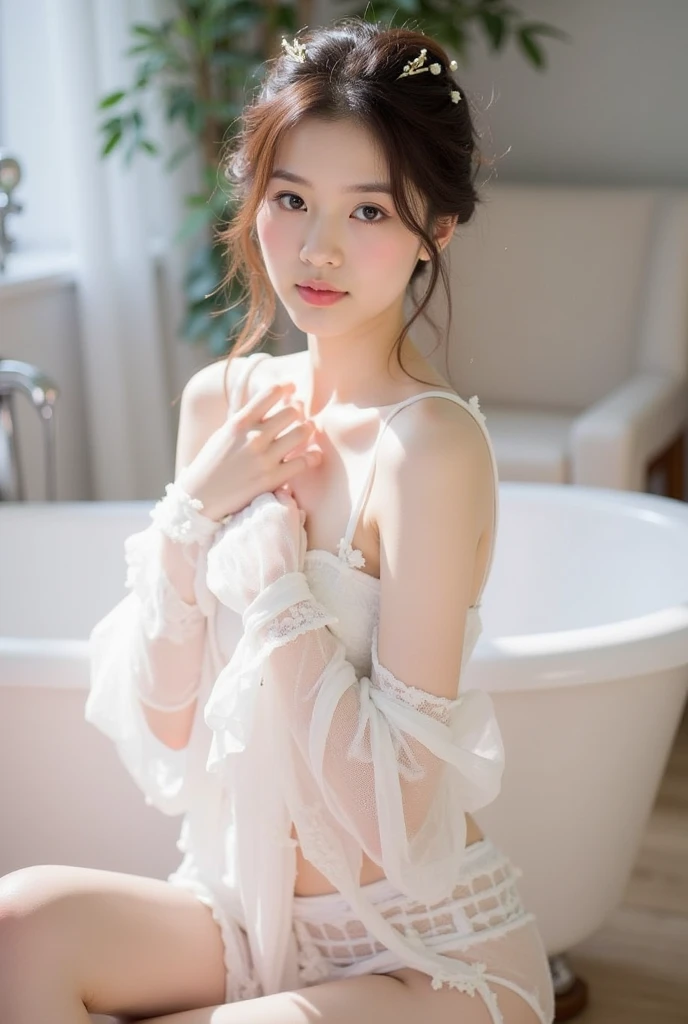 there is a woman sitting in a bathtub with a flower arrangement, ethereal beauty, ethereal and dreamy, milk bath photography, dreamy and ethereal, Yoshitomo Nara, cute elegant pose, overflowing, bubble bath, sexy :8, soft and blurry, chiho, beutifull, side pose, milky white skin